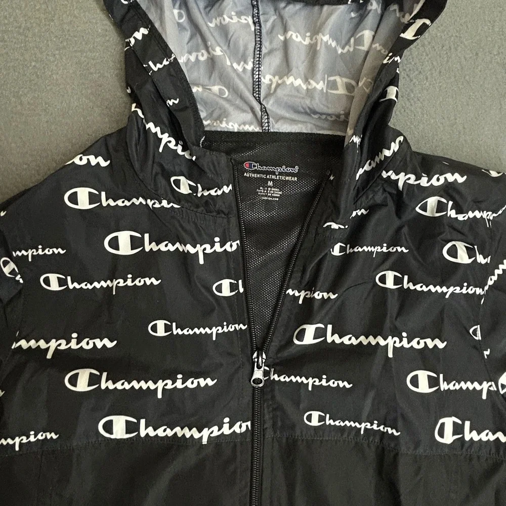 Champion Windbreaker Kids M Logo Print Full Zip Hooded Jacket Sporty Lightweight